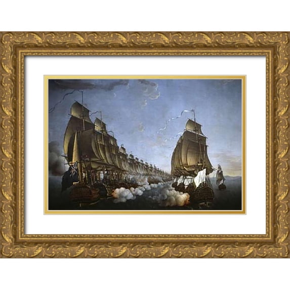 Rossel de Cercy, Auguste Louis 32x23 Gold Ornate Wood Framed with Double Matting Museum Art Print Titled - Combat Between The French and English Fleets As Viewed From Goudelour