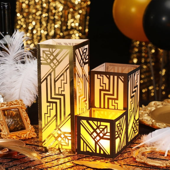 Rossesay 12 Pcs Roaring 1920's Centerpieces for Table 3 Size Speakeasy Black and Gold Party Paper Lantern Boxes for 1920s Birthday Vintage Flapper Wedding Speakeasy Party Y101