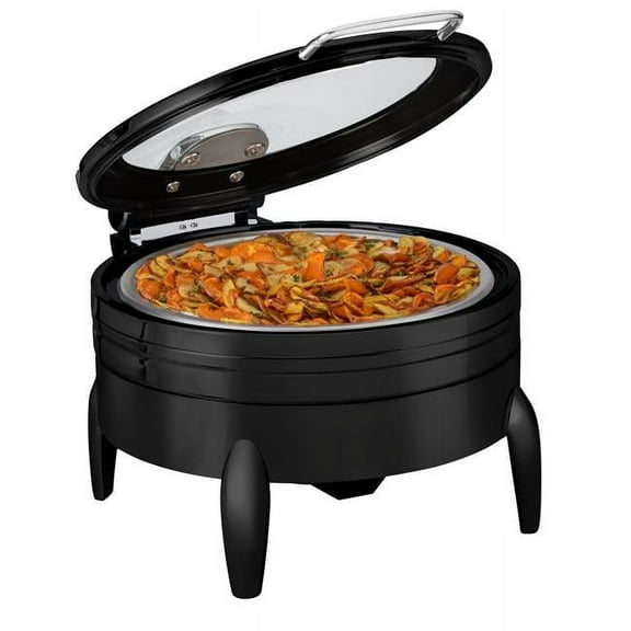 Rosseto CP403F-BK 6.34 qt. Deluxe Round Chafing Dish with Glass Lid, Frame Stand & Burner Holder - Black