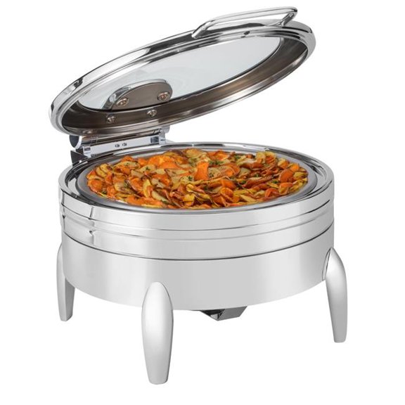 Rosseto CP403F 6.34 qt. Deluxe Round Chafing Dish with Glass Lid, Frame Stand & Burner Holder - Silver