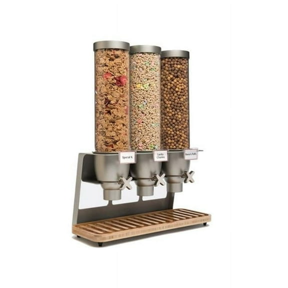 Rosseto Serving Solutions EZ547 Triple Container Table-Top Cereal Dispenser with Bamboo Tray- 3.9-Gallon