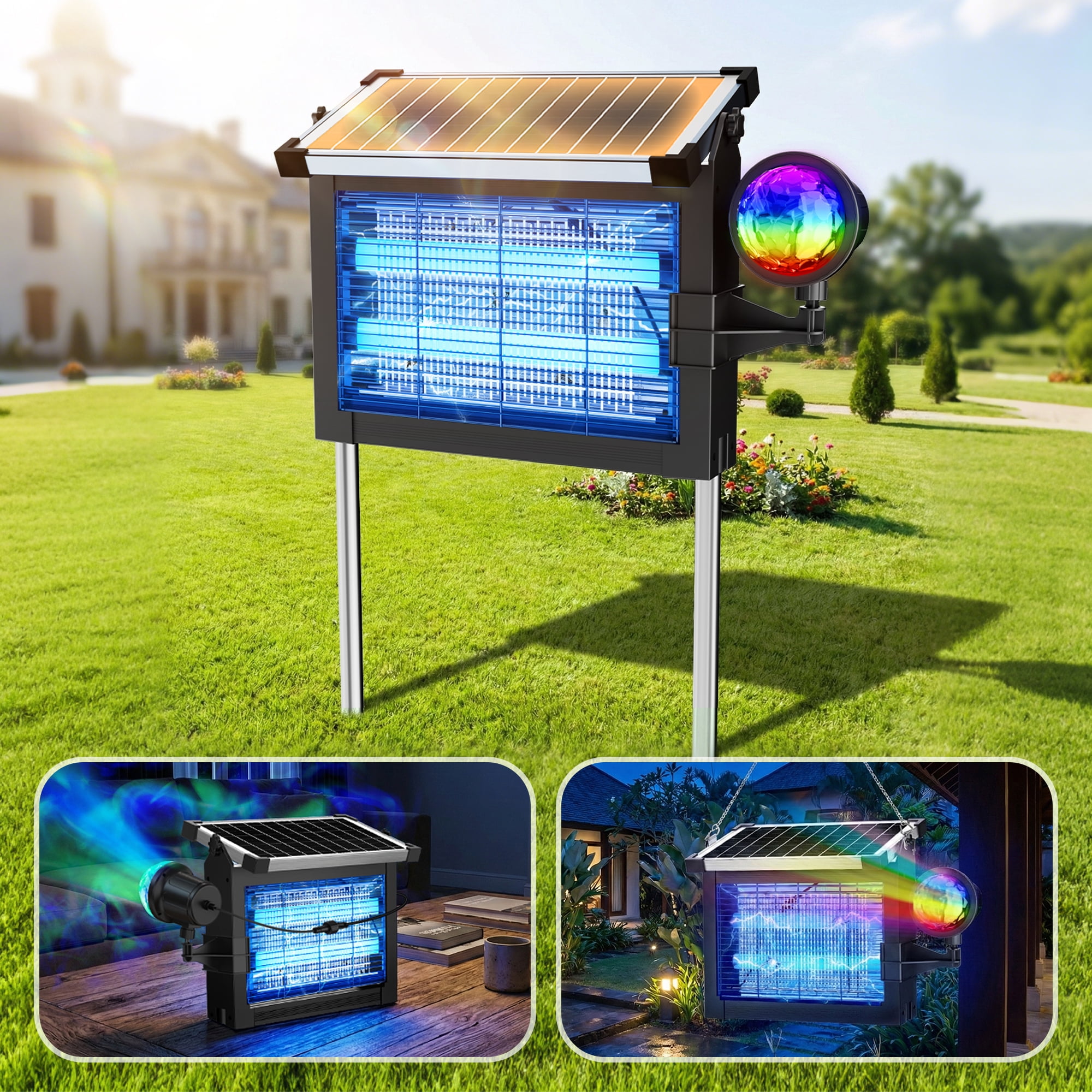 Rossetta 2-in-1 Solar Bug Zapper Light with Projector, 4500V Waterproof Mosquito Zapper, Dual Power (Solar & USB) for Indoor & Outdoor, Black