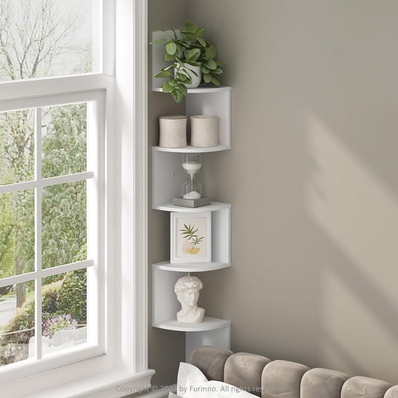 Rossi 5-Tier Floating Corner Shelf for Wall, Zigzag Wall Mounted, Radial Mount Shelves, Home Office, Living Room, Bedroom, Bathroom, White