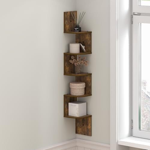 Rossi Floating Book Shelves for Wall, 5-Tier Zigzag Corner Shelf Wall Mounted, Radial Corner Floating Shelf, for Living Room, Bedroom, Bathroom, Home Office, Amber Pine