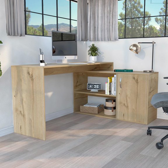 Axis Modern L-Shaped Computer Desk with Open & Closed Storage Light Oak