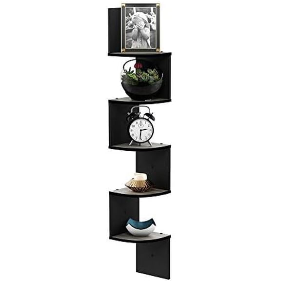 Rossi Wall Mount Floating Corner Shelf, 5-Tier Radial, French Oak Grey/Black
