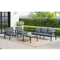 Rossio Outdoor 4 Piece Conversation Set, Aluminum Patio Sofa Sets with Teak Armrest and Tabletop , 5 Seating Furniture