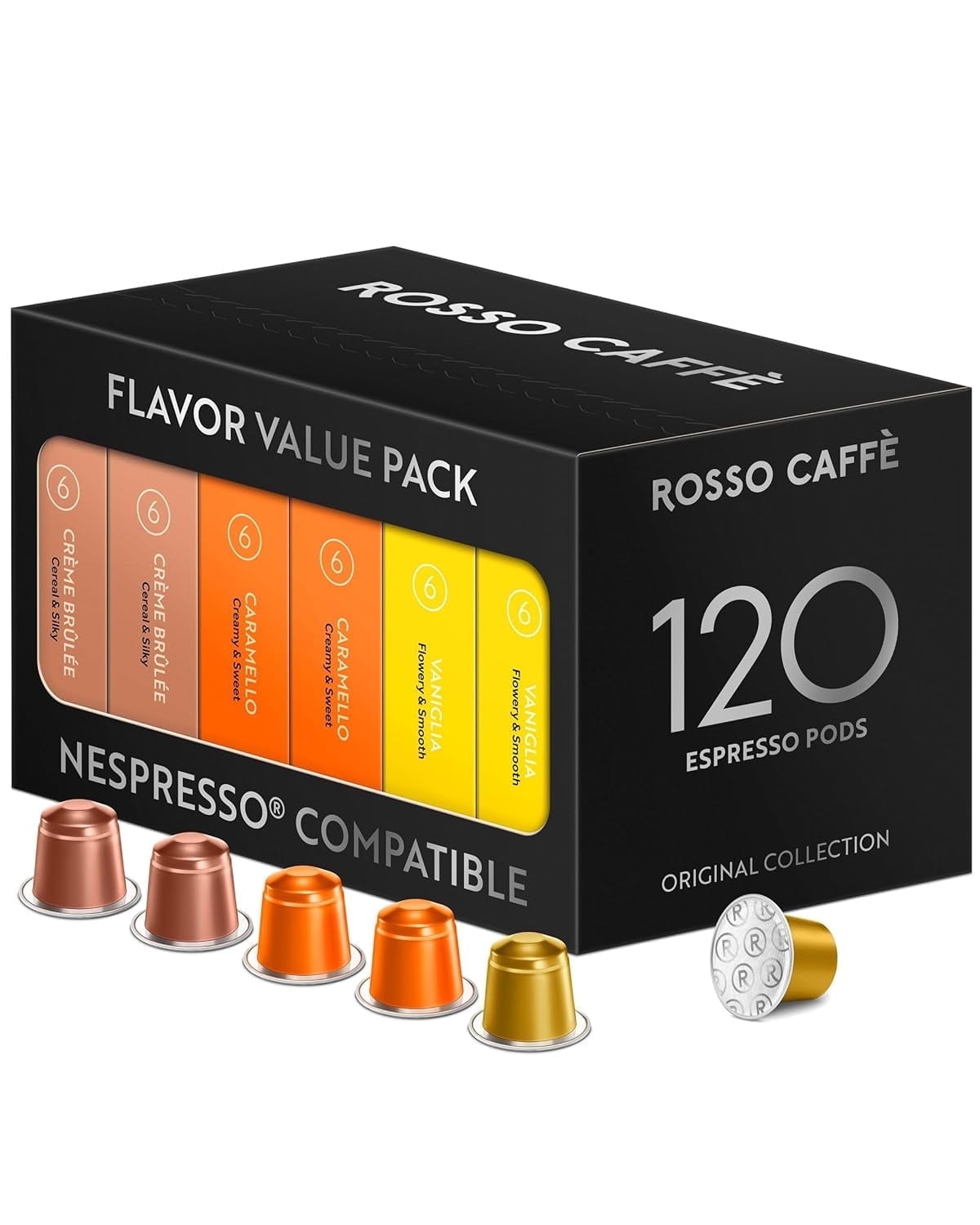 Rosso Caffe Medium Roast Coffee Pods, Variety pack, 120 Ct, Compatible with Nespresso Machines