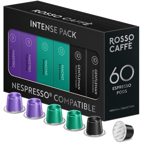 ROSSO CAFFÈ 60 Espresso Coffee Pods for Nespresso Original Machines - Pack of Rich and Bold Capsules, 3 Premium Intense Dark Flavors