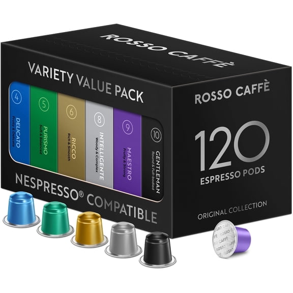 ROSSO CAFFÈ 120 Espresso Coffee Pods for Nespresso Original Machines - Premium Capsules Variety Value Pack 6 Flavors, Rich Breakfast to Intense Roasts