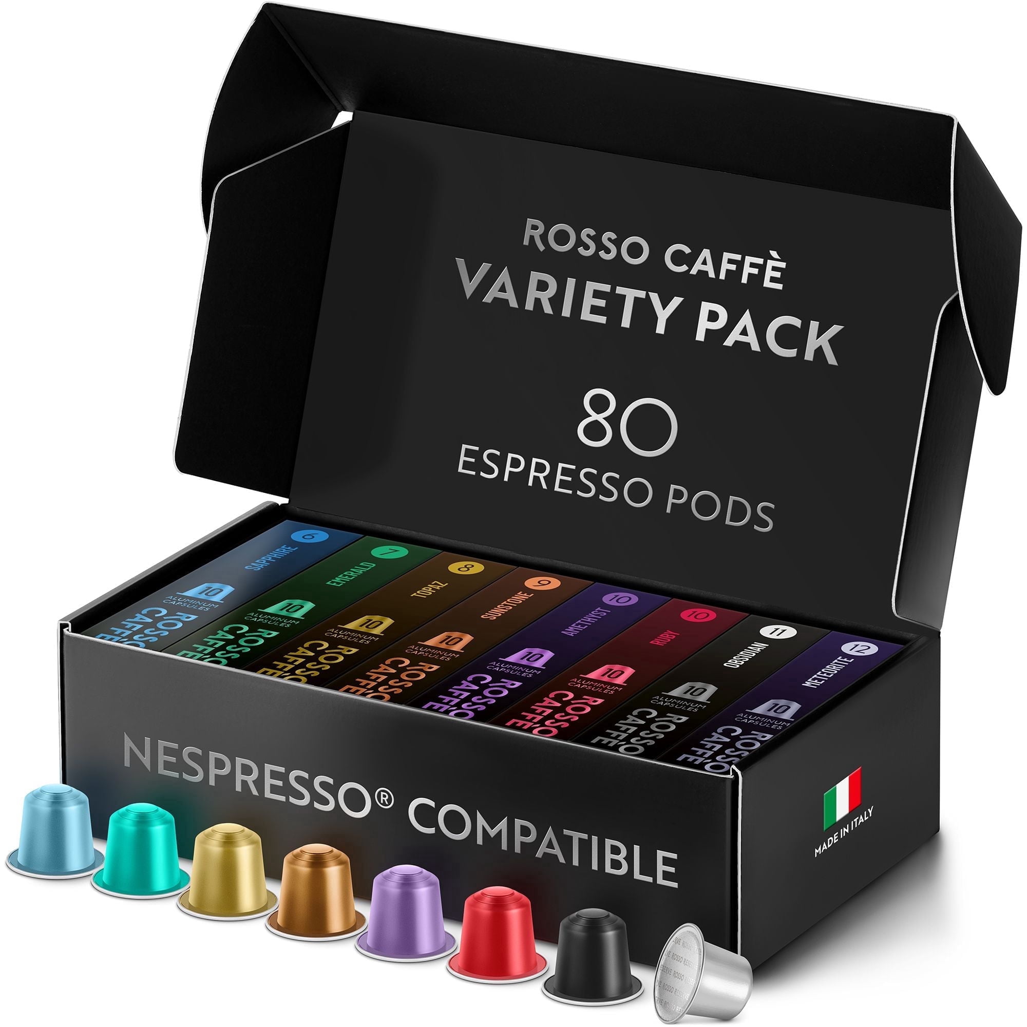 ROSSO CAFFÈ Espresso Coffee Pods for Nespresso Original Machines - 80 Capsules Variety Pack, 8 Signature Flavors, Medium to Dark Roast - Made in Italy
