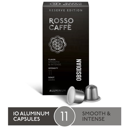 ROSSO CAFFÈ Obsidian Espresso, Dark Roast, Coffee Pods, 10 Ct, Compatible with Nespresso Machines