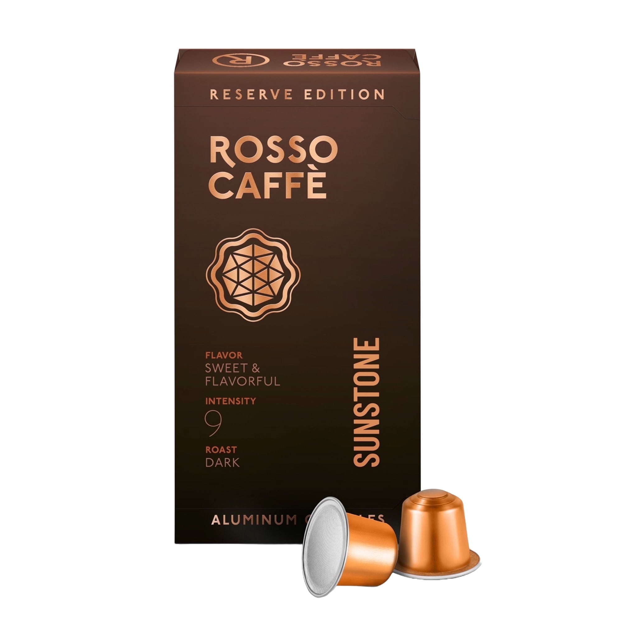 Rosso Caffe Sunstone Espresso, Dark Roast, Coffee Pods, Aluminum, 10 Ct, Compatible with Nespresso