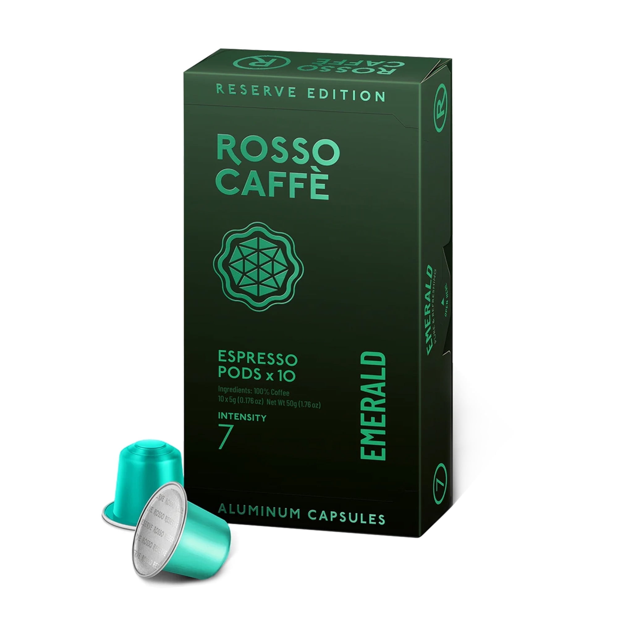 Rosso Caffe Emerald Espresso, Medium Roast, Coffee Pods, Aluminum, 10 Ct, Compatible with Nespresso