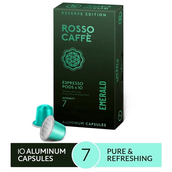 ROSSO CAFFÈ Emerald Espresso, Medium Roast, Coffee Pods, Aluminum, 10 Ct, Compatible with Nespresso