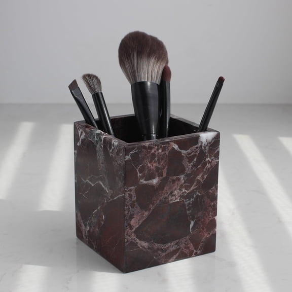 Rosso Levanto Marble Square Countertop Organizer for Toothbrushes, Makeup Brushes, and Pens