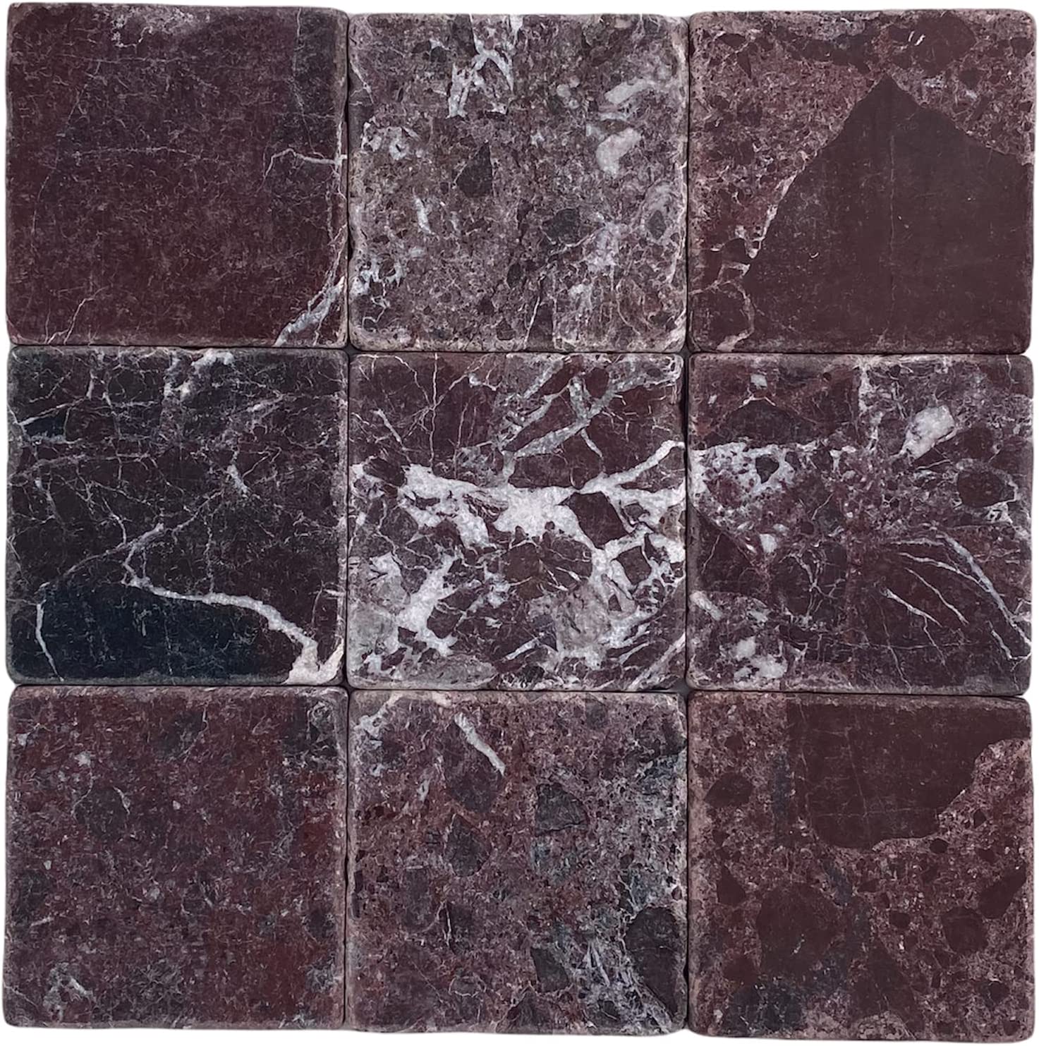 Rosso Rosa Levanto Burgundy Marble 4x4 Inch Antique Tumbled Aged Tile for Fireplace Surround, Wall Floor Bathroom Interior Exterior Tile(Box of 5 Sq. ft - 45 pcs)