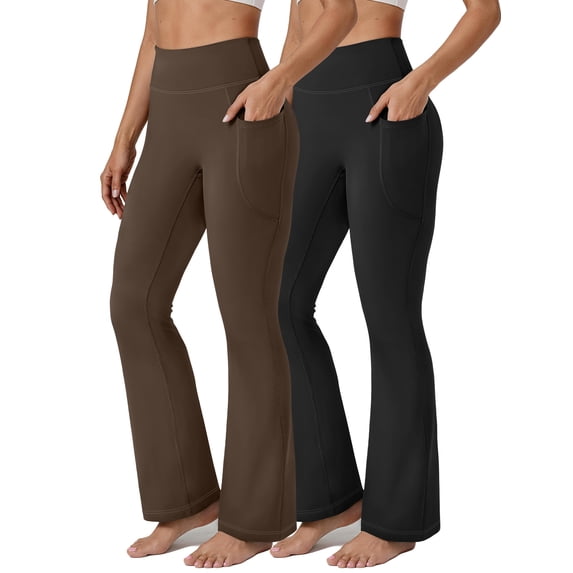Rosvigor 2 Pack Flare Yoga Pants for Women High Waisted Leggings Tummy Control Workout Pants No Front Seam Trousers with Pockets