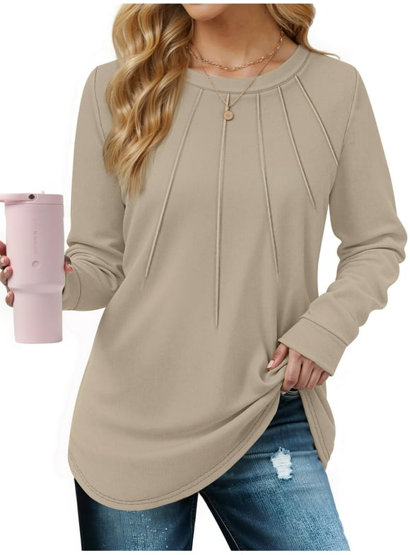 Blouses for Women Dressy Long Sleeve Shirts Casual Fall Tops Winter Tunic with Pleats