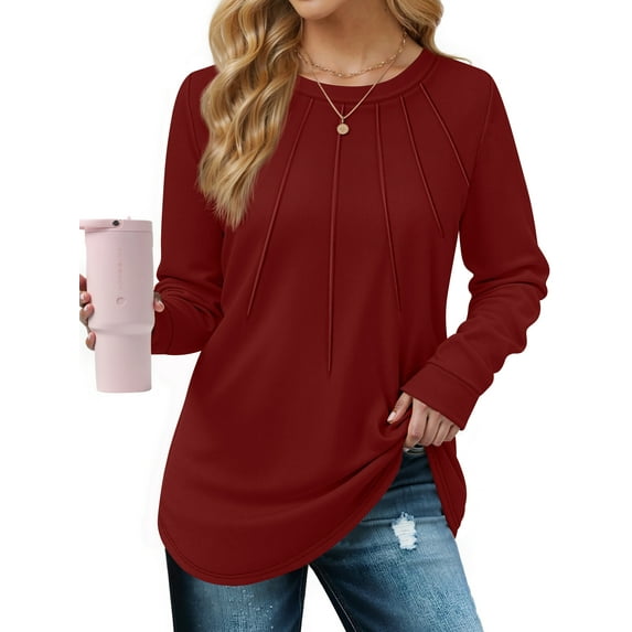 Rosvigor Blouses for Women Dressy Long Sleeve Shirts Casual Fall Tops Winter Tunic with Pleats