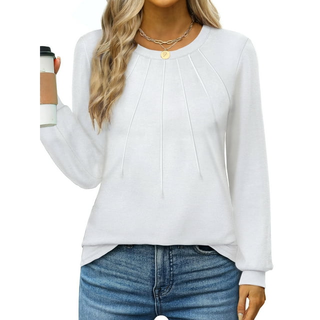 Rosvigor Blouses for Women Dressy Long Sleeve Shirts Casual Fall Tops Winter Tunic with Pleats