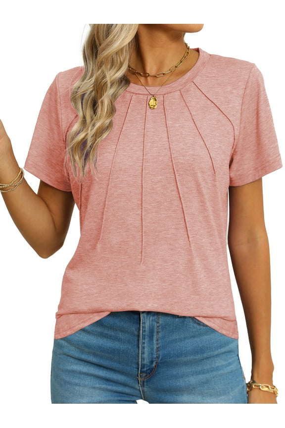 Blouses for Women Short Sleeve Shirts Casual Dressy Summer Tops with Pleats