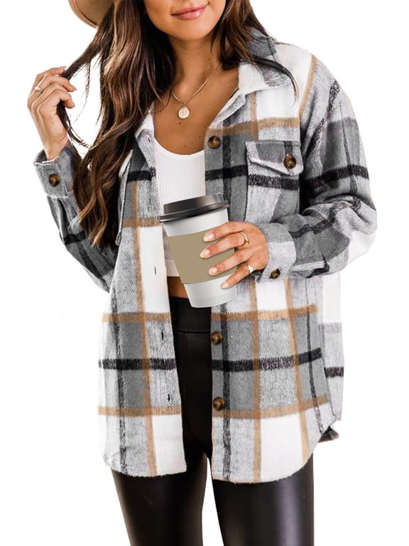 Flannel Shirts for Women Plaid Jackets Long Sleeve Shackets Womens Button Down Coats Warm Blouses