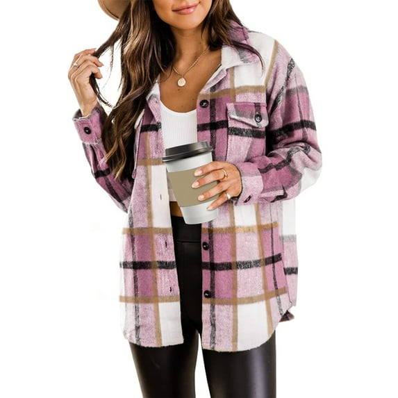 Rosvigor Flannel Shirts for Women Plaid Jackets Long Sleeve Shackets Womens Button Down Coats Warm Blouses
