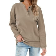 Rosvigor Sweatshirts for Women Henley Shirts Casual Long Sleeve Ribbed Tunic Button Up Tops