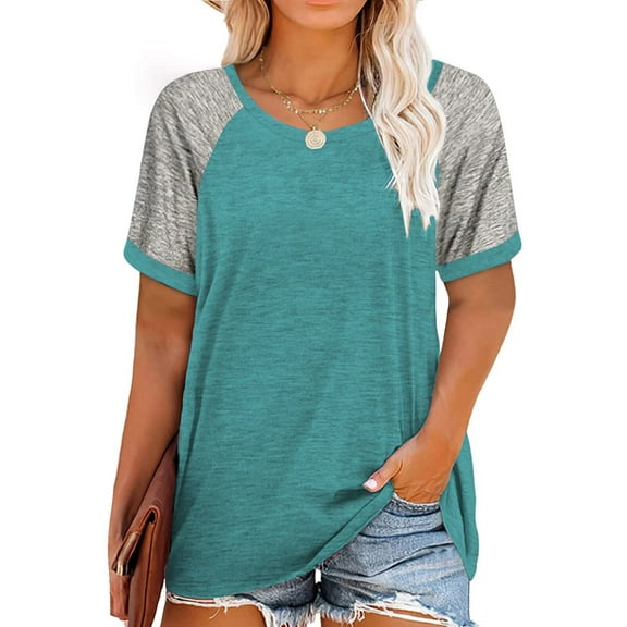 Rosvigor Plus Size T Shirts for Women Color Block Tops Loose Tee Short Sleeve Blouses