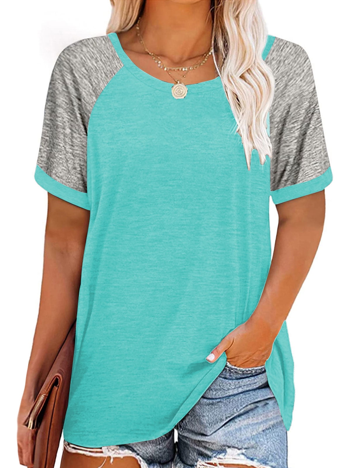 Women's Plus Size Short Sleeve Zip Up Color Block Top