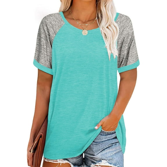Rosvigor Plus Size T Shirts for Women Color Block Tops Loose Tee Short Sleeve Blouses