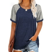 Rosvigor Plus Size T Shirts for Women Color Block Tops Loose Tee Short Sleeve Blouses