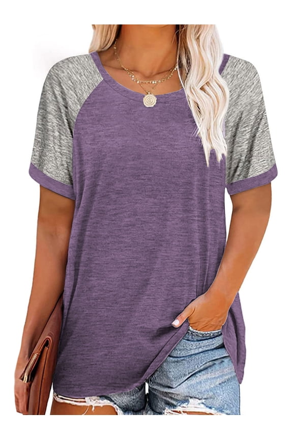 Plus Size T Shirts for Women Color Block Tops Loose Tee Short Sleeve Blouses