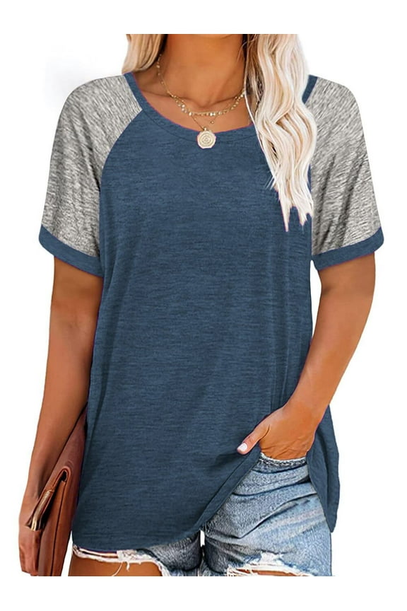 Plus Size T Shirts for Women Color Block Tops Loose Tee Short Sleeve Blouses