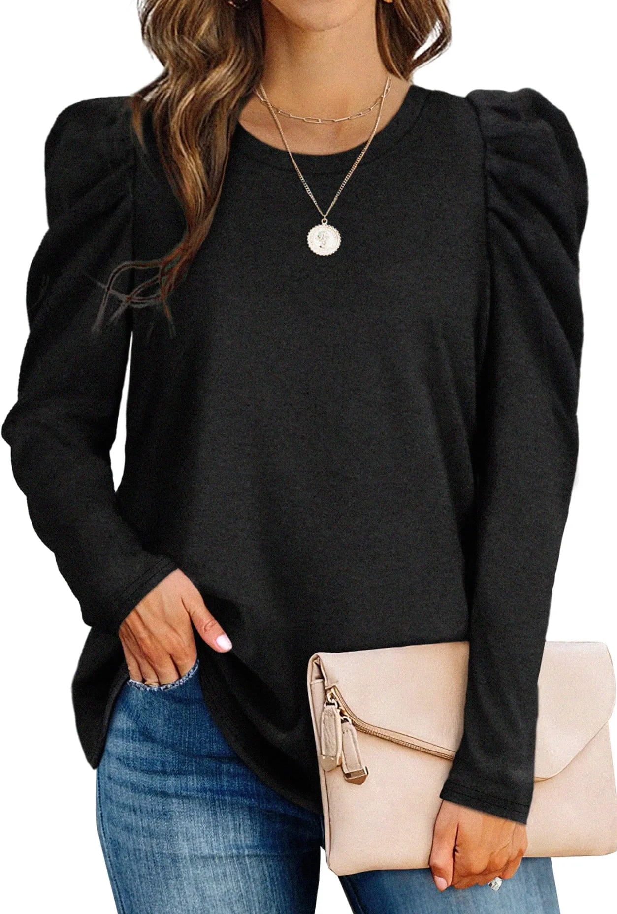 AGSEEM Women's Crewneck Puff Sleeve Sweatshirt - Loose Fit Tunic Top For Casual Wear - View #11