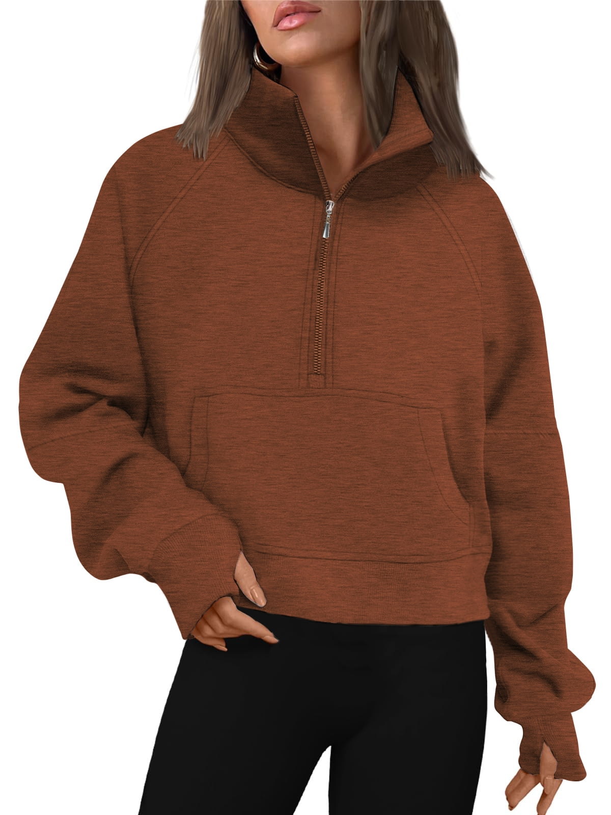 Rosvigor Women s Half Zip Fleece Hoodie Cropped Pullover Sweatshirt with Thumb Hole Walmart