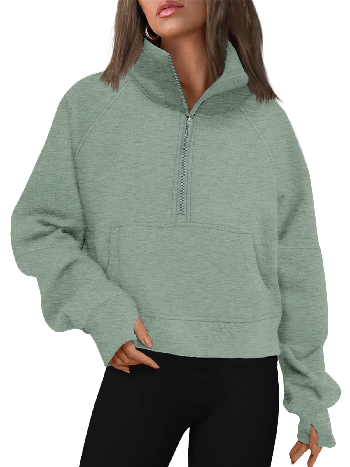 Women's Half Zip Fleece Hoodie - Cropped Pullover Hooded Sweatshirt With Thumb Holes