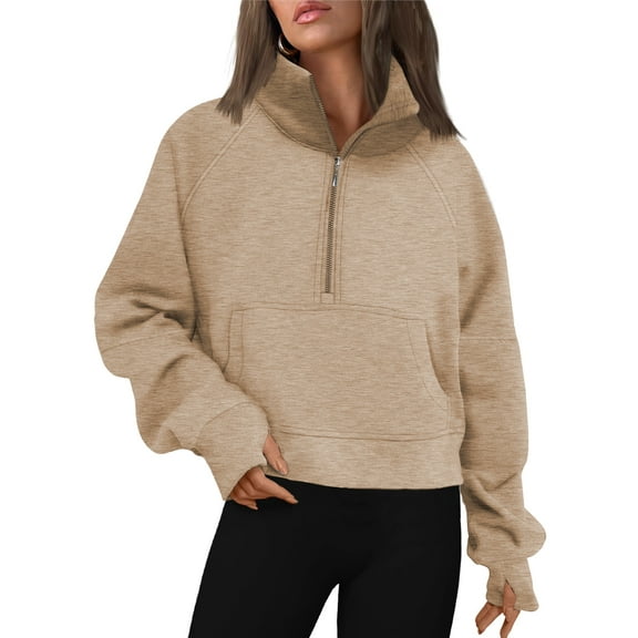 Rosvigor Sweatshirt for Women Half Zip Cropped Pullover Fleece Hoodies Fall Winter Tops Thumb Hole