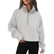 Rosvigor Sweatshirt for Women Half Zip Cropped Pullover Fleece Hoodies Fall Winter Tops Thumb Hole