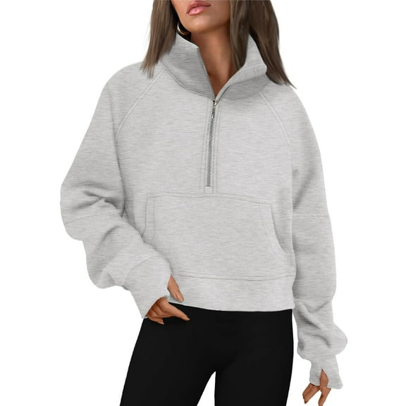 Rosvigor Sweatshirt for Women Half Zip Cropped Pullover Fleece Hoodies Fall Winter Tops Thumb Hole