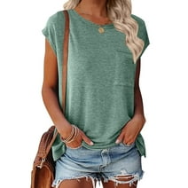Rosvigor Women T Shirts Cap Sleeve Casual Tops for Women Summer Tee with Pocket