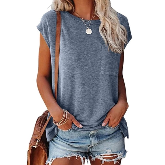 Rosvigor Women T Shirts Cap Sleeve Casual Tops for Women Summer Basic Tee with Pocket