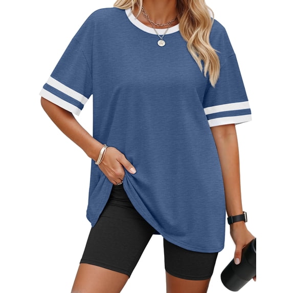 Rosvigor Plus Size Women Tops Loose Fit T Shirts for Women Color Block Shirts Casual Tops Summer Blouses