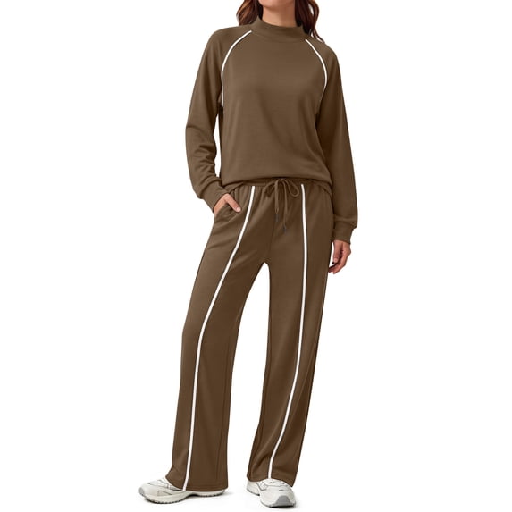 Rosvigor 2 Piece Sets Women Outfits Sweatsuit Mock Neck Sweatshirts Straight Leg Sweatpants for Travel Workout Lounge