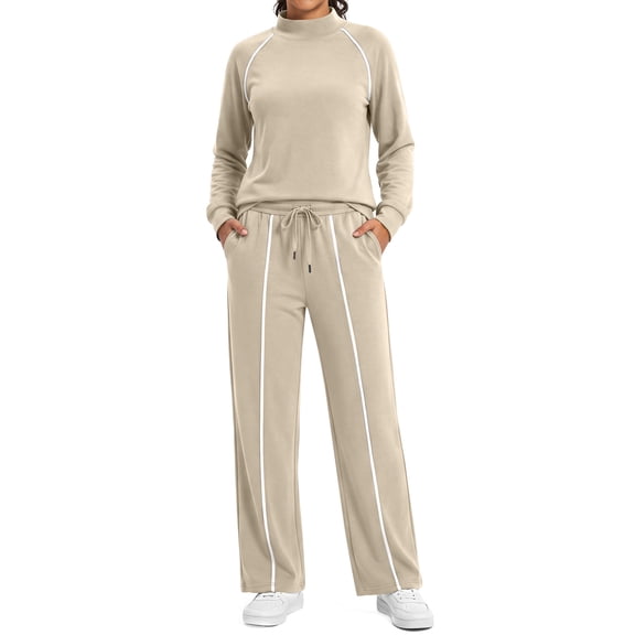 Rosvigor 2 Piece Sets Women Outfits Sweatsuit Mock Neck Sweatshirts Straight Leg Sweatpants for Travel Workout Lounge