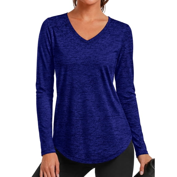 Rosvigor Womens Workout Tops V Neck Tee Shirts Quick Dry Long Sleeve Shirts for Women Loose Activewear Tops for Yoga Running Gym