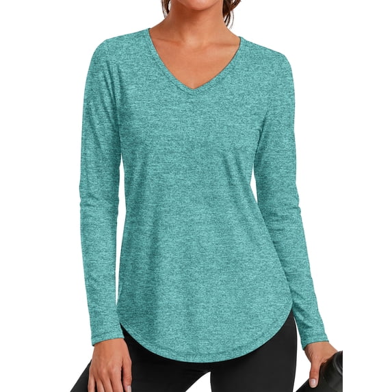 Rosvigor Womens Workout Tops V Neck Tee Shirts Quick Dry Long Sleeve Shirts for Women Loose Activewear Tops for Yoga Running Gym