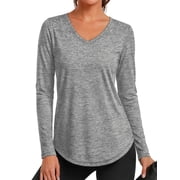 Womens Workout Tops V Neck Tee Shirts Quick Dry Long Sleeve Shirts for Women Loose Activewear Tops for Yoga Running Gym