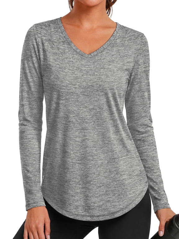 Womens Workout Tops V Neck Tee Shirts Quick Dry Long Sleeve Shirts for Women Loose Activewear Tops for Yoga Running Gym